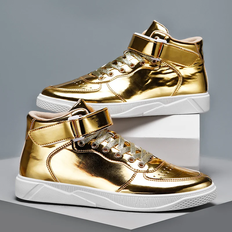 Luxury Gold Men Shoes Patent Leather Designer Sneakers Men High top ...