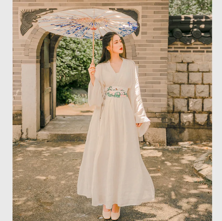 

2020 New Retro White Robe Improved Chinese Dress Lace-up Two-Piece Trip Shoot Holiday Dress Autumn New Style