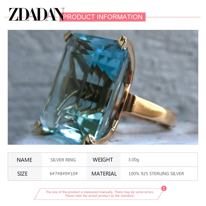 ZDADAN 925 Sterling Silver Aquamarine Gemstone Ring For Women Fashion Party Jewelry Gifts