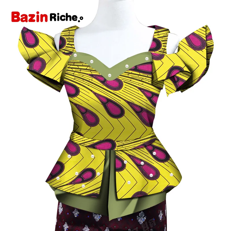 Fashion Shirt African Print Top for Women Bazin Riche Pearls Double Ruffles Top Cotton Dashiki African Clothing WY5096 - Цвет: 3
