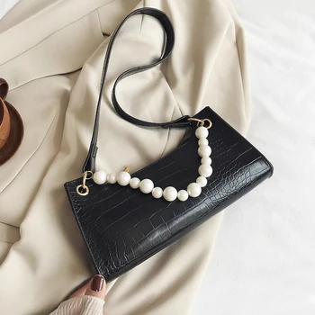 

Pearl Chain Design Women Shoulder Bags Leather Armpit Bag for Women 2020 Crossbody Shoulder Bags Ladies Baguette Handbags Bolsas