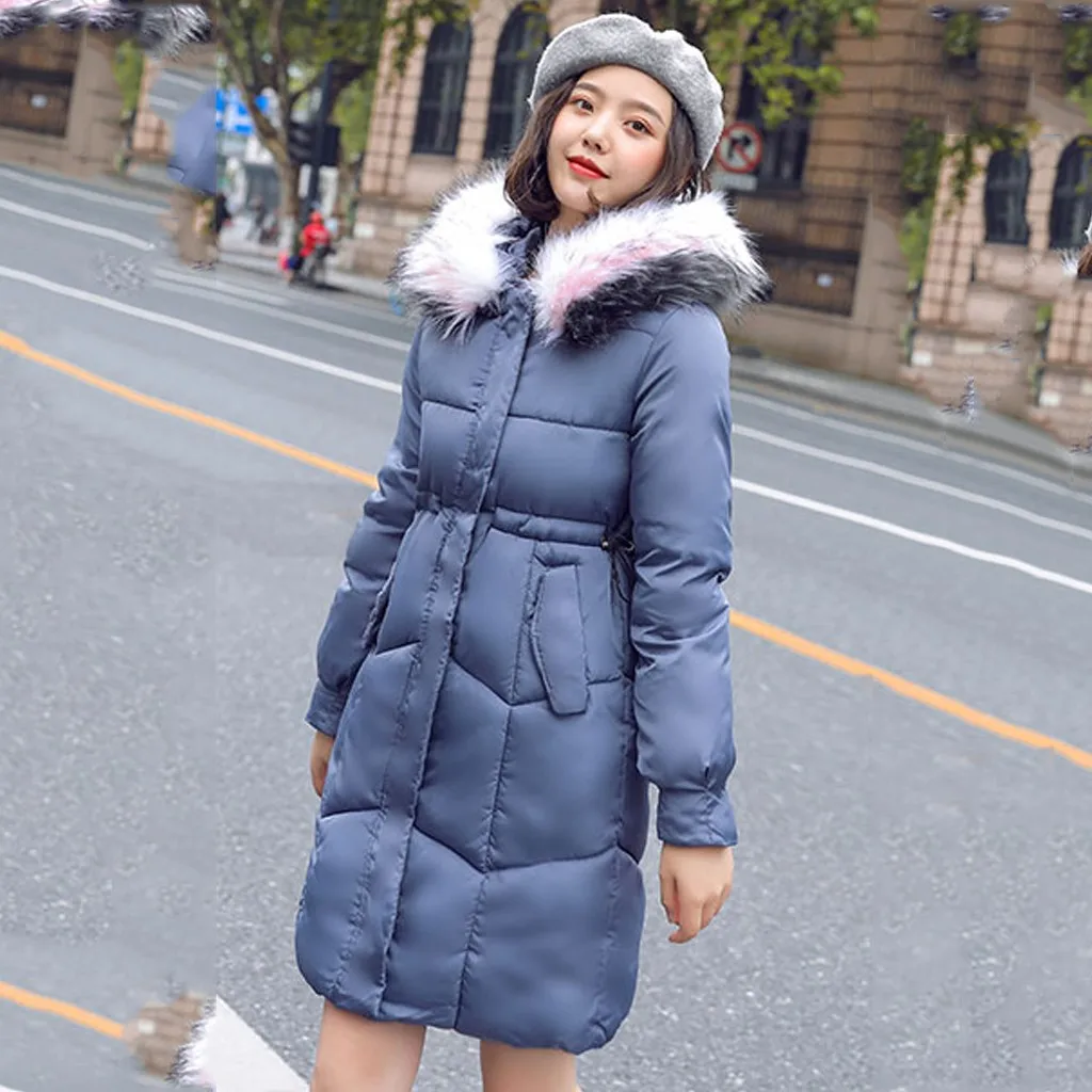 BU JAYCOSIN New Ladies Long Coat Solid Waist Slim Large Fur Collar Hooded Jacket Warm Casual Fashion Autumn And Winter Personality - Цвет: BU