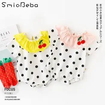 

2020 Summer Newborn Girls Rompers Baby Clothes Baby Cherry Baby Collar Dot Wrap Fart Baby Triangle Creeper One Year Boy Clothes