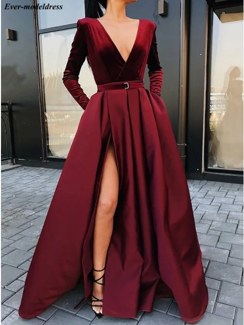 

Burgundy Long Sleeves Evening Dresses 2019 Side Split Deep V-Neck Velvet Satin Long Prom Party Gowns Robe De Soiree Cheap
