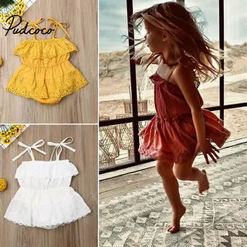 

2020 Toddler Summer Clothing Cute Newborn Infant Baby Girls Solid Bodysuits Sleeveless Jumpsuit Outfits Ruffles Cotton Clothes