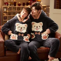 Couples Pajamas Set Winter Thicken Pyjamas Women Men Cartoon Bear Sleepwear Homewear Soft Warm Pijamas Suit Plus Size
