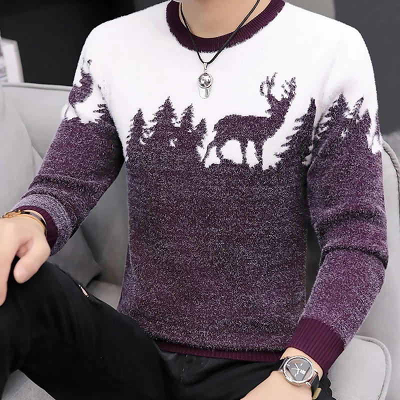 С бесплатным подарком, Рождественский свитер, Мужской Повседневный свитер с оленем,, Осень-зима, Рождественский пуловер, вязаный джемпер, свитера, 6534 - Цвет: Фиолетовый