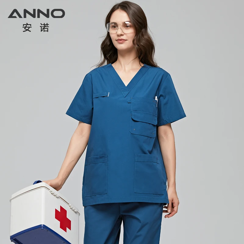ANNO Multiple Pockets Scrubs Set Work Uniform Hospital Classic Form Foctor Woman Man Nursing Wear Dental Clothing