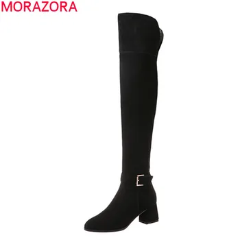 

MORAZORA 2020 New hot sale comfortable flock women boots solid black color med heels round toe over the knee boots