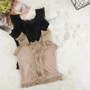 

Summer Autumn Women Ice Silk Knitted Tank Top Sexy Drawstring Lace Up Strap Camis Sleeveless Short Camisole Vest Tops Sf1188