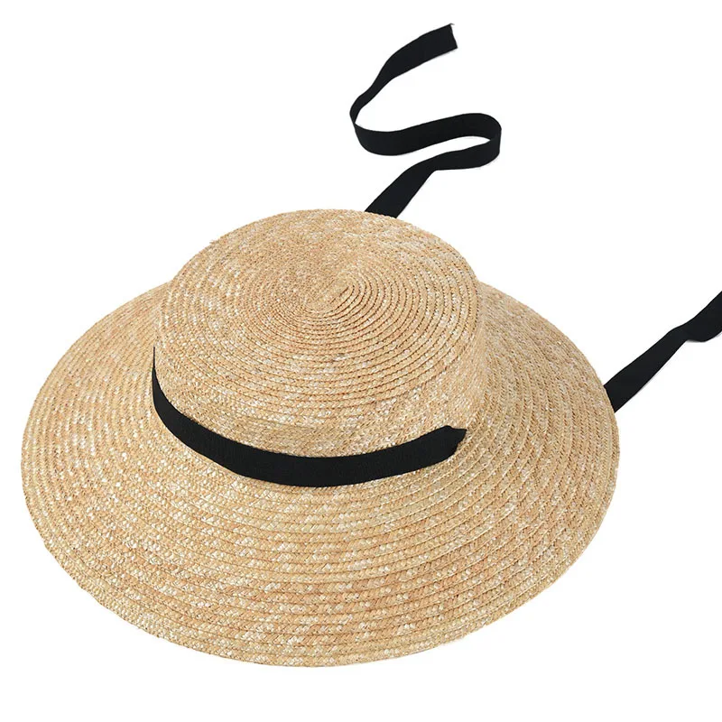 Lady Boater Zon Caps Lint Ronde Platte Top Meisjes Stro Strand Hoed Panama Hoed Zomer Hoeden for Vrouwen Stro Hoed(Beige,55-58cm