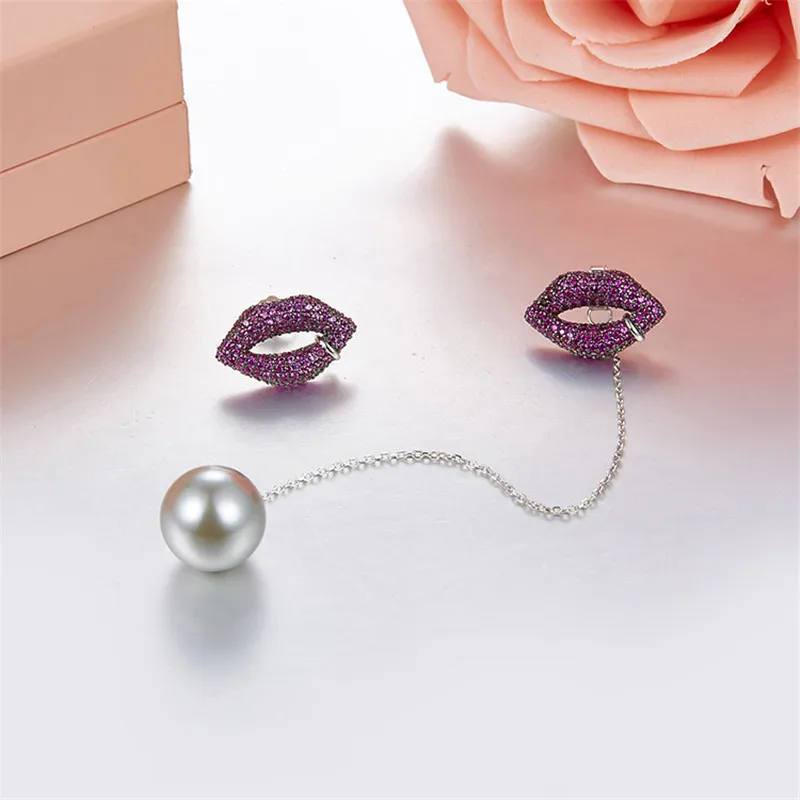 New 925 Sterling Silver Hot Sexy Red Lip Earrings For Women Pink Zircon CZ Stone Mouth Earring HF Jewelry Birthday Gifts | Украшения и