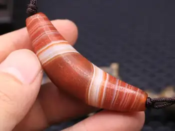 

Magic Power Tibetan Old Red Agate Silkworm Line Long Horn dZi Bead Amulet