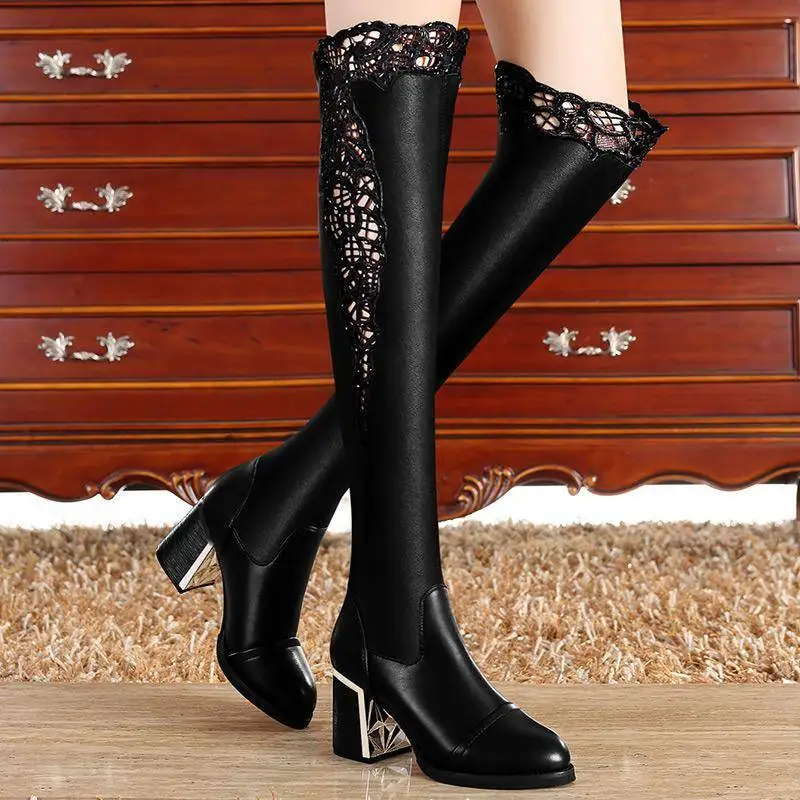 

2019 Autumn And Winter Lace Boots Women's Boots Stretch Boots Thick with High Heels Bright Skin Thigh Boot over-the-Knee Black A