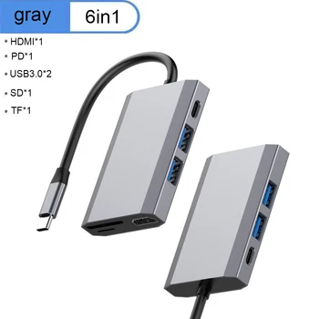 

6 in 1 USB C Hub Type C to HDMI Converter USB 3.0 Hub PD SD TF Card Reader Multiport Adaptor for MacBook Pro/Laptops