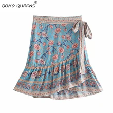 Boho chic хиппи женские богемные мини-юбки на завязках с цветочным принтом женская одежда из вискозы хлопковые пляжные юбки boho