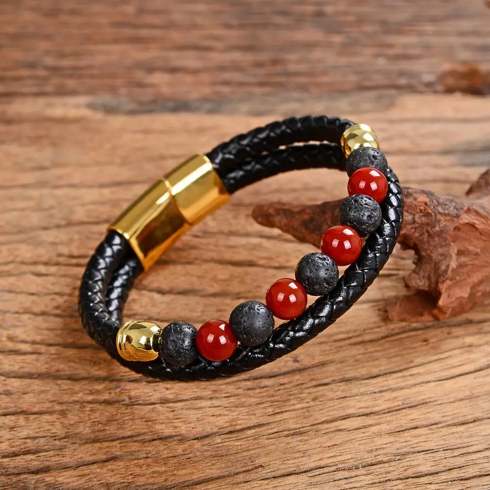 2020 New Design Genuine Leather Mens Bracelet Charms Stainless Steel Magnet 13 Style Natural Stone Beads Bracelets Men Jewelry