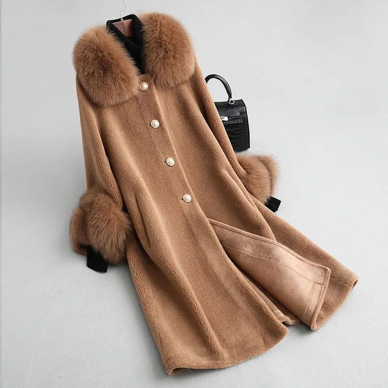 Sale 2019 winter real fur coat ladies high quality fox fur collar long jacket Korean clothes wool fur coat and coat 2