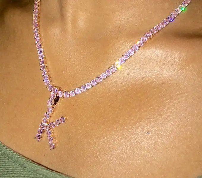 16" Pink cz tennis necklace with cross pendant for women gold rose gold pinky cz girl women hip hop jewelry