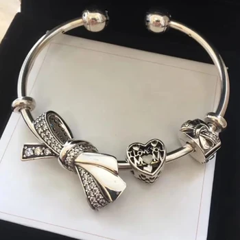 

NEW 100% 925 Sterling Silver Bow Charm Heart Bow Clip 3 Charm Bead Bracelet Set Planet of Charm Astronaut Bangle Love Charm
