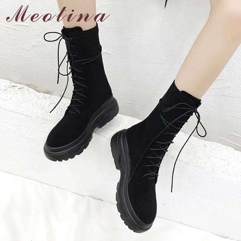 

Meotina Winter Motorcycle Boots Women Natural Genuine Leather Flat Platform Mid Calf Boots Round Toe Shoes Female Autumn Size 39