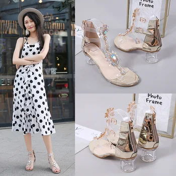 

Bohemian crystal heel fairy Roman shoes female middle heel female sandals