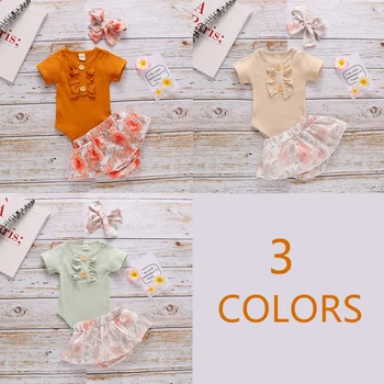 

Newborn Baby Girls Cotton Pit Strip Suit Lace Short-sleeved Top+Printed Flower Shorts+ Bandana Romper 3pcs Tuit New Arrival