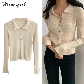 

Streamgirl Knitted Cardigan With Buttons Polo Sweater Knitted Coat Women Short Elegant Cardigans For Women Knitwear Cardigans