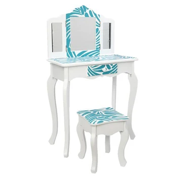 

(66 x 34 x 33)cm Children's Dressing Table Three Foldable Mirror/Chair/Single Drawer Table Chair Set Blue Style