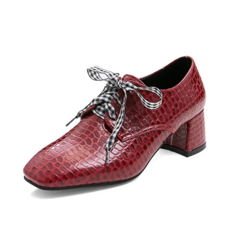 Tuyoki/размеры 30-50; женские туфли-лодочки; модная обувь в винтажном стиле на квадратном каблуке с бантом; женская обувь для подиума на шнуровке - Цвет: Красный