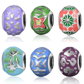 

NEW 100% 925 Sterling Silver Charm 1:1 Original Multicolor Authentic Classic Purple Leaf Print Retro Elegant Women Bead Jewelry