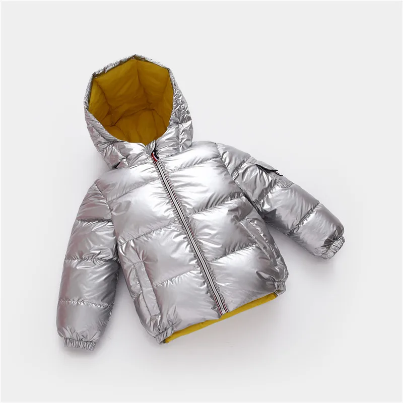 Зимний Детский пуховик плотное теплое пальто с капюшоном для мальчиков и девочек блестящее пуховое пальто серебристого цвета