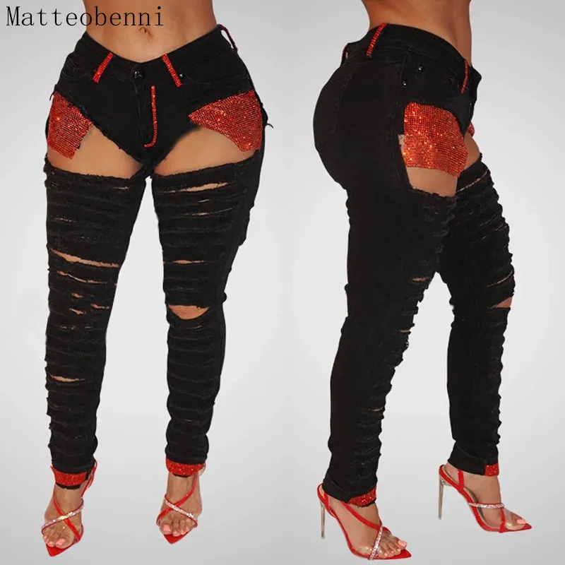 

Fashion Sexy Ripped Club Jeans Women Denim distressed Pants Trousers Mid Waist Casual Skinny Jeans Torn Jeggings boyfriend jeans