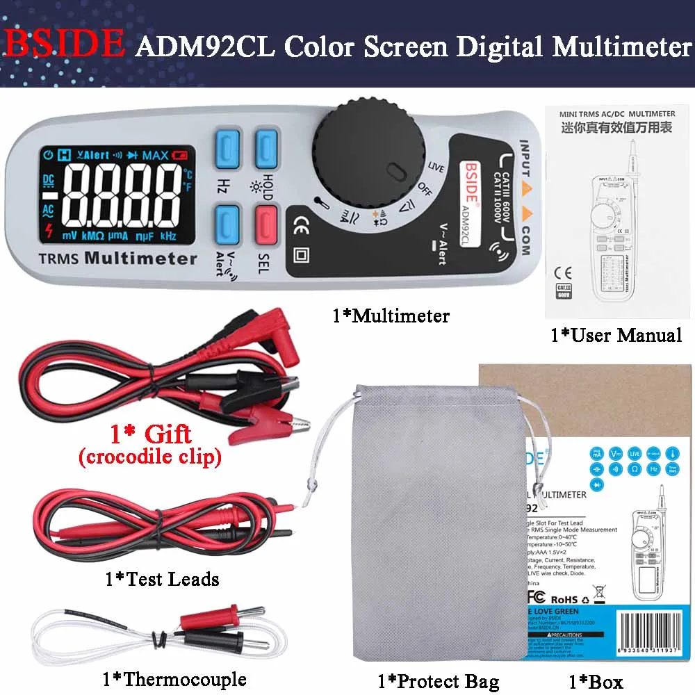 ADM92CL With T1101 Цветной дисплей Цифровой мультиметр BSIDE ADM92CL DC/AC напряжение тока Multimetro Вольтметр термометр Емкость Гц Тестер - Цвет: ADM92CL With T1101
