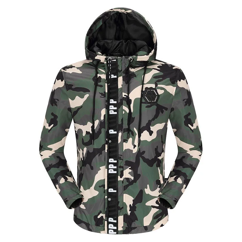 Chaqueta con capucha para hombre, abrigo cortavientos de lujo con calaveras de marca plein de camuflaje, color negro, piel sintética, delgada, artículo italiano