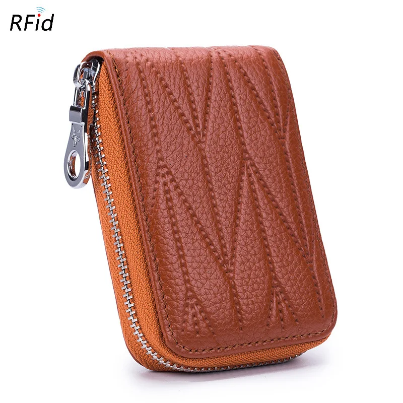 

Top Layer Cowhide RFID Bankcard Holder Coins Bag Female Purse Women Fashion Palm Hold Card Box