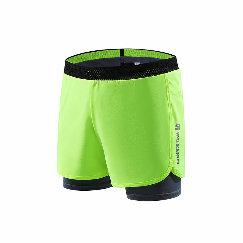 Быстросохнущие мужские шорты для бега 2 в 1, спортивные шорты для марафона с карманом на молнии, мужские шорты для баскетбола, тренировок, пробежек - Цвет: Fluorescent Green