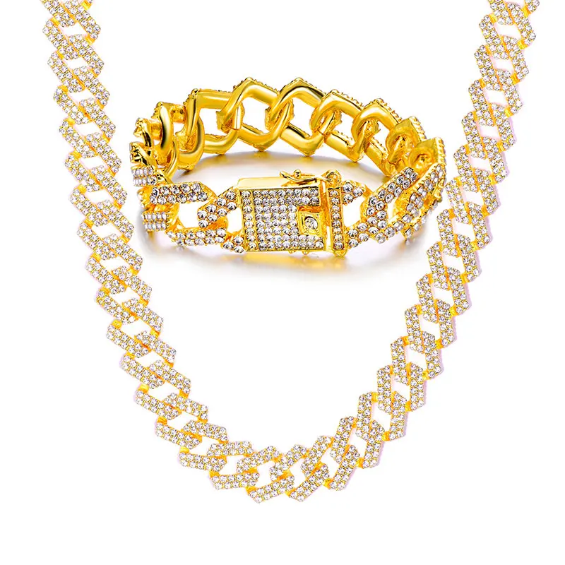 1Set Gold 1 компл. 20 мм золото серебро тяжелый полный Iced Out проложили Стразы кубинской цепи CZ Bling Рэппер ожерелья для мужчин хип хоп ювелирные изделия - Окраска металла: 1Set Gold