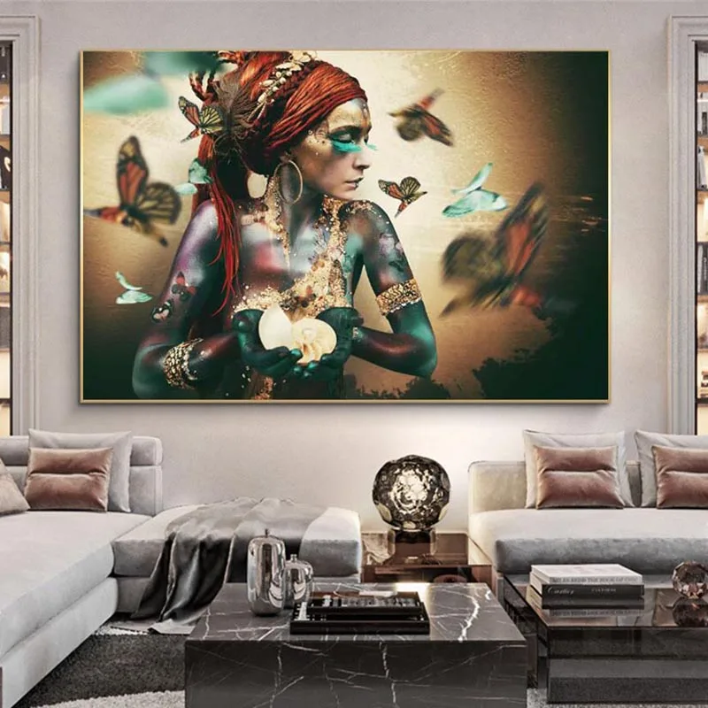 

African Colorful Black Girl Canvas Paintings on the Wall Art Posters And Prints Woman with Butterfly Art Picture Home Decoration