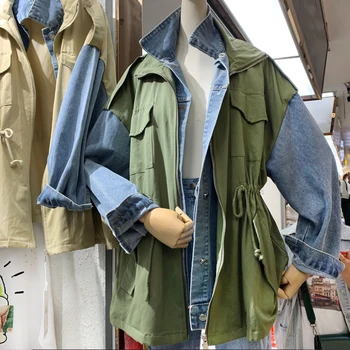 

2020 Spring Summer New Denim Stitching Double-layer Collar Tie Fake Two Windbreaker Fashion All-match Women Jacket QF501