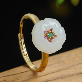 

925 silver inlaid natural jade white jade flower ring authentic and Tianyu flower silver ring 15 retractable model