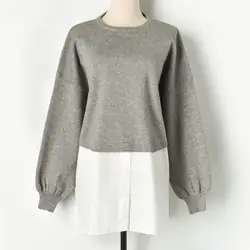 Женская Осенняя Повседневная Лоскутная рубашка 2019, винтажная длинная свободная черная фонарик, свитер, корейский вязаный пуловер