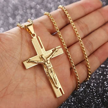 

Necklace Jesus Christ Crucifix Men's Necklace Gold Cross Religious Pendant Necklace with Chain