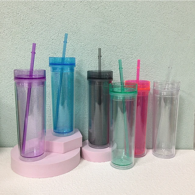 12 Colored Acrylic with Lids and Straws | Skinny, 16oz Double Wall Clear plastic tumblers