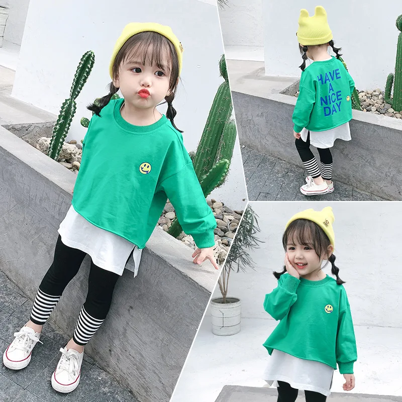 

Girls Korean-style Smiley Three-piece Set 2020 Spring Children Fashion Fashion Long-sleeved Sweater Leggings Set
