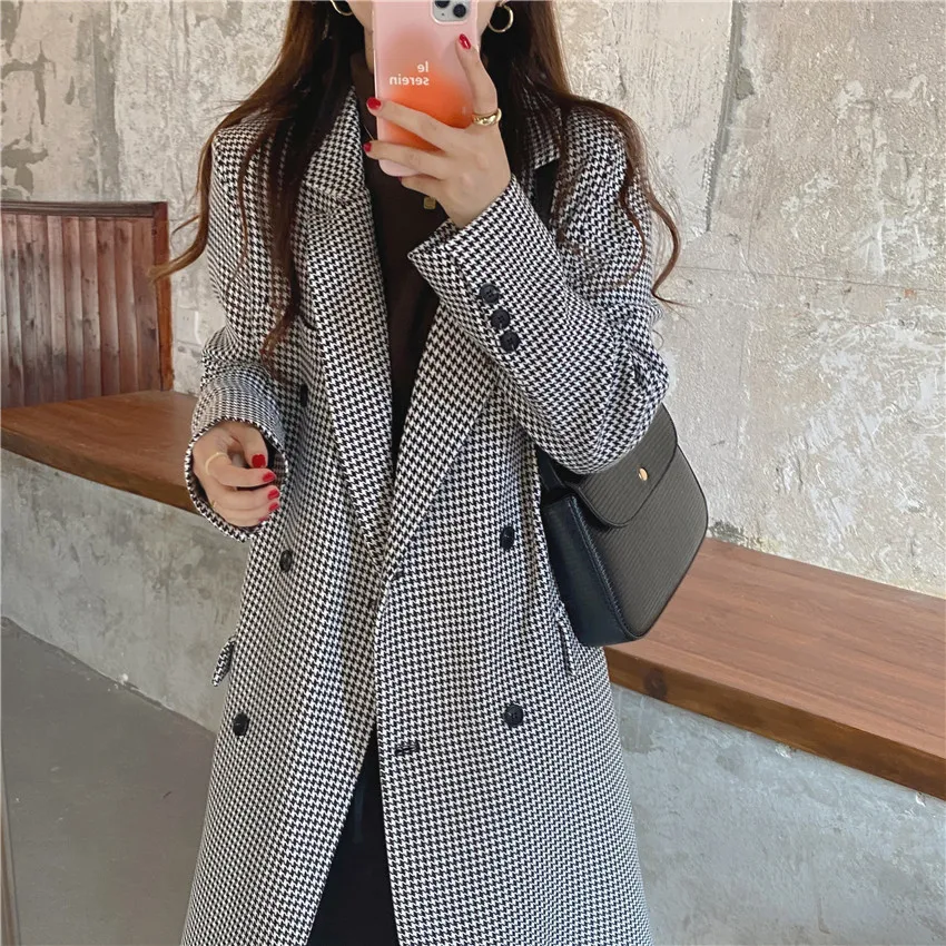 H1f7498a5a69a4e5393d5f77c1a2d396dt - Spring / Autumn Notched Collar Pockets Houndstooth Double-Breasted Overcoat