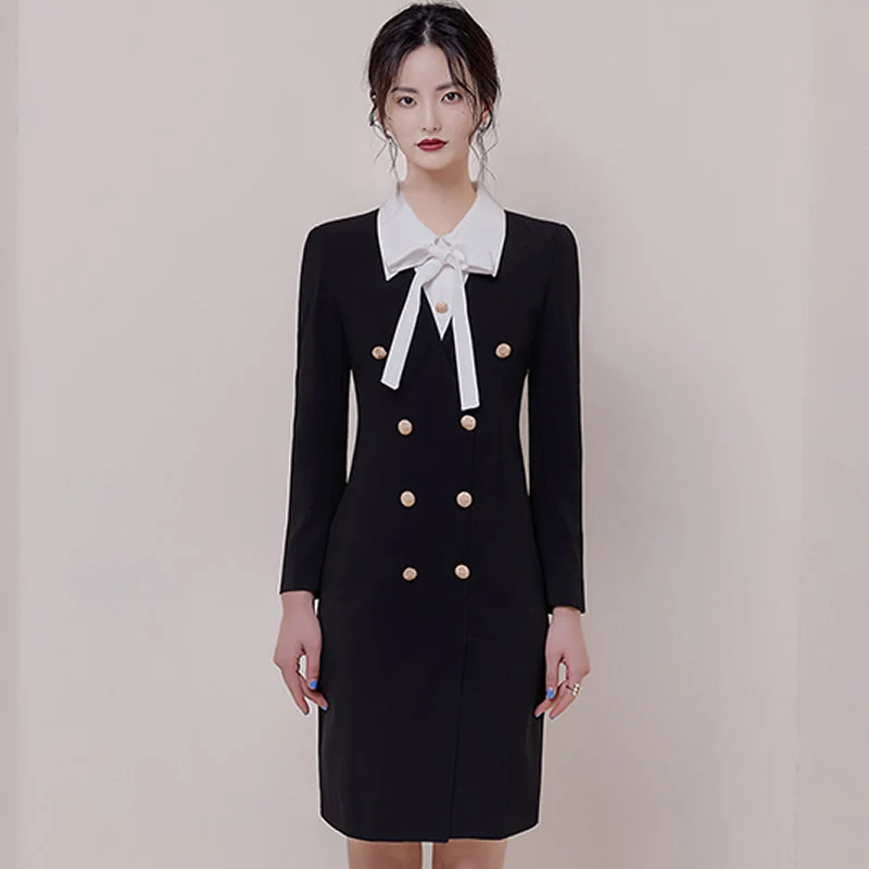 

2019 Autumn Turn-Down Collar Double Breasted Black Vestidos Office Cloth Pencil Knee-Length Casual Solid Work Dress
