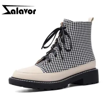 

ZALAVOR Ankle Boots For Women Genuine Leather Brand Short Boots Autumn Winter Plaid Lace Up Casual Flats Shoes Women Size 35-40