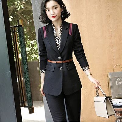 Black Pant Suits Модная новинка года, костюмы для карьера в бизнесе, рабочие, абрикосовые, черные штаны, одноцветные блейзеры, куртки, пальто и штаны, комплект из двух предметов - Цвет: Black Pant Suits