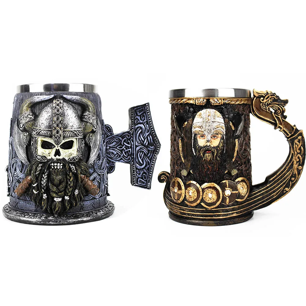 Drakkar Viking Mug Stainless Steel Insert Resin Skull Viking Danegeld Tankard Mugs Nordic God